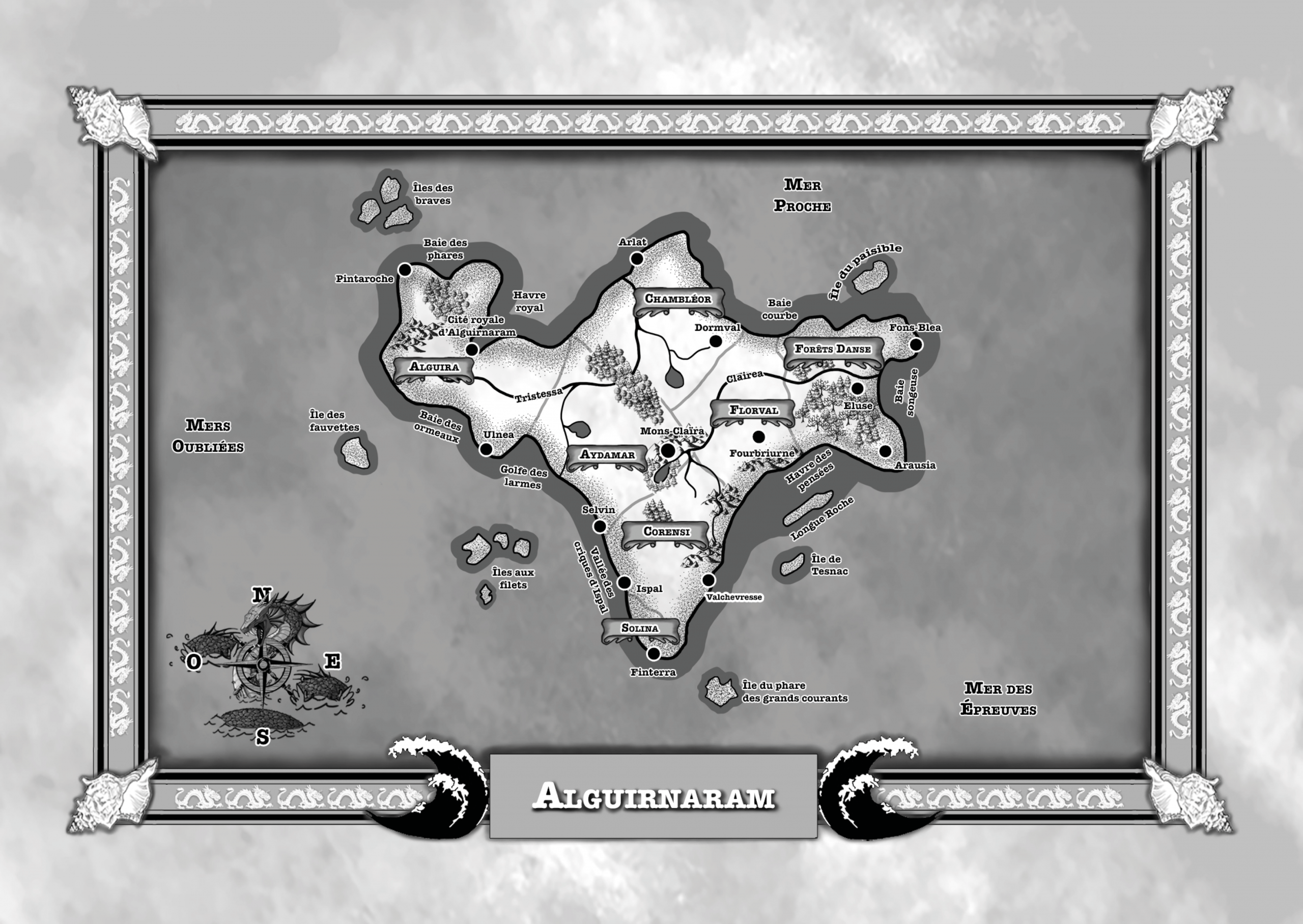 Carte de l'île d'Alguirnram du roman Le Royaume d'Alguirnaram Tome 1 – Raven Éditions - Crystal GRIBONVAL